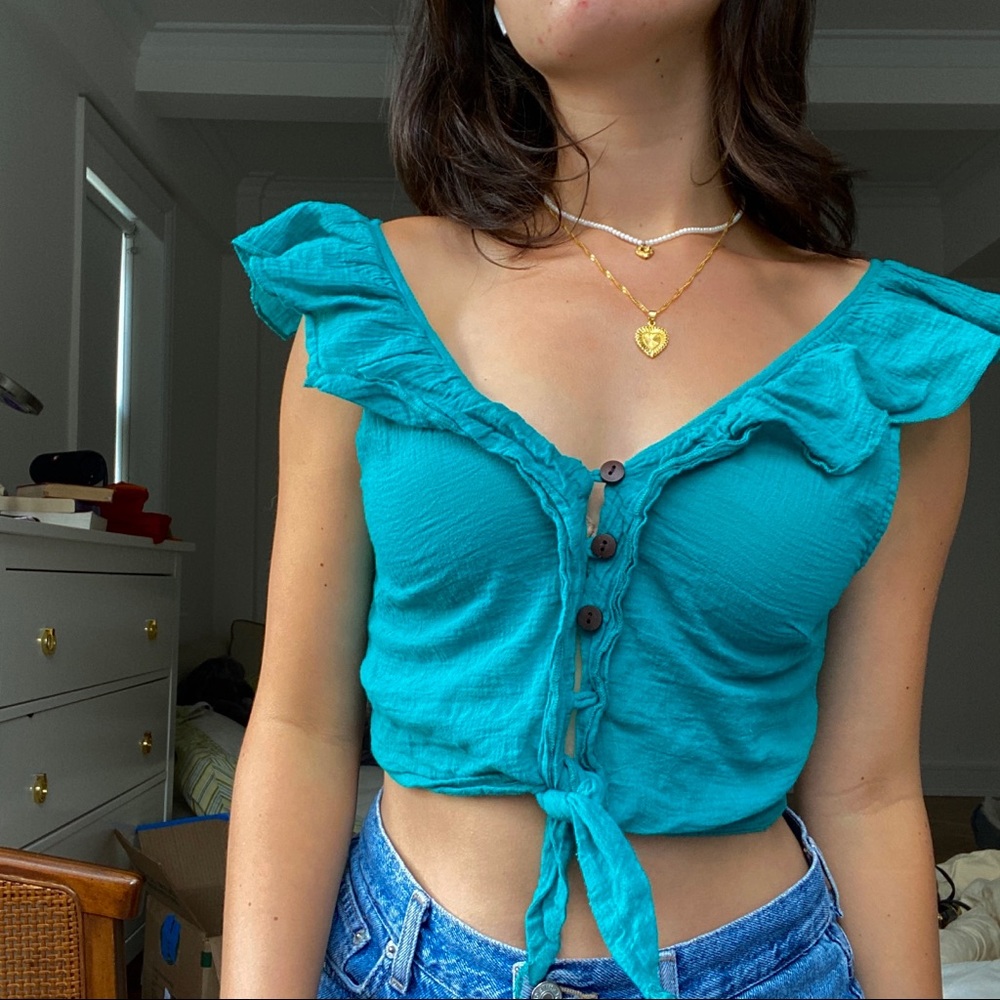 Urban outfitters teal linen cropped blouse